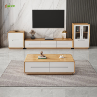 冀华美电视柜茶几组合北欧简约岩板客厅轻奢高级感小户型背景墙一体柜 原木+白色 电视柜 2000*400*350mm