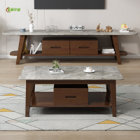 冀华美实木岩板茶几电视柜简约橡胶木茶桌客厅地柜带抽屉储物矮柜 胡桃色 茶几 1200*600*450mm