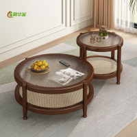 冀华美实木藤编玻璃茶几客厅家用小户型大小组合茶桌简约阳台休闲圆边几 胡桃色 500*590mm
