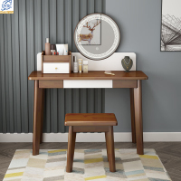 点云星辰实木梳妆台北欧实木梳妆台书桌现代简约化妆桌轻奢网红家用卧室9503# 800*400*1300胡桃+白+凳子