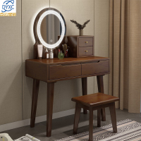 点云星辰实木梳妆台卧室化妆桌床头收纳柜一体带圆镜子单抽款9803# 800*400*1260胡桃色+凳子