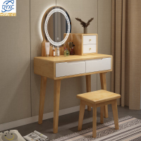 点云星辰实木梳妆台卧室化妆桌床头收纳柜一体带圆镜子单抽款9803# 800*400*1260原木+白+凳子