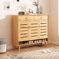 冀华美透气实木鞋柜多层木质收纳玄关柜-5503#三门1180*350*940mm原木色