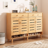 冀华美透气实木鞋柜多层木质收纳玄关柜-5504#四门1580*350*940mm原木色