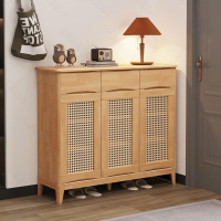 冀华美藤编实木入户收纳柜放鞋柜-5303T#编藤三门1170*360*1020mm原木色