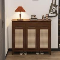 冀华美藤编实木入户收纳柜放鞋柜-5303T#编藤三门1170*360*1020mm胡桃色