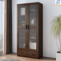 点云星辰实木书柜落地置物柜客厅轻奢收纳柜现代简约书房长虹玻璃储物柜子 AT13#带抽款800*350*1820胡桃色