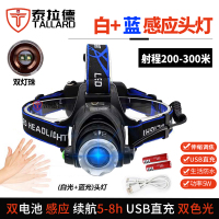 泰拉德应急便携头戴头灯感应白蓝双色光充电夜钓鱼LED变焦强光照明远射