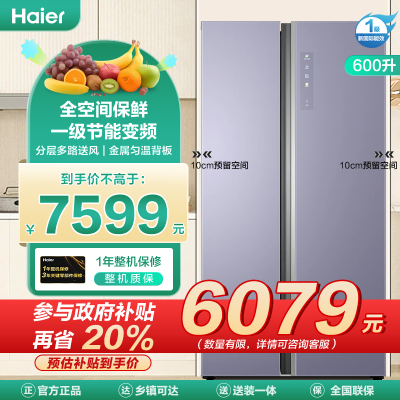 海尔(Haier)600升对开门嵌入冰箱 全空间保鲜 一级节能变频 分层多路送风 BCD-600WGHSS17NZU1