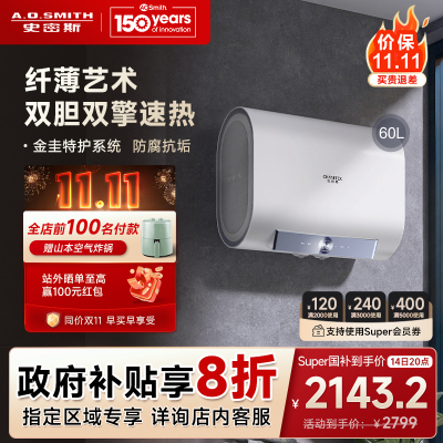 AO史密斯佳尼特 60升电热水器 纤薄双胆扁桶 金圭内胆 双棒双3kW速热 雪域白CTE-60HT1小尺寸71cm