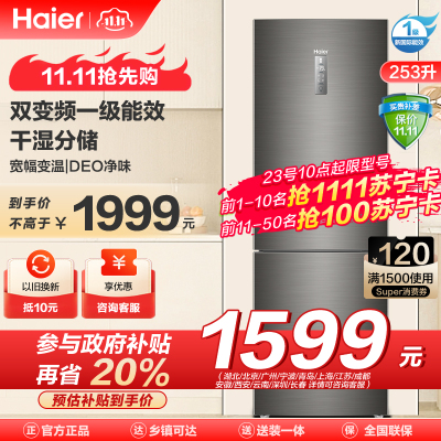 海尔(Haier)253升三门冰箱 双变频一级 干湿分储 宽幅变温 租房家用小冰箱 BCD-253WDPDU1