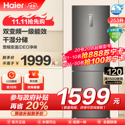 海尔(Haier)253升三门冰箱 双变频一级 干湿分储 宽幅变温 租房家用小冰箱 BCD-253WDPDU1