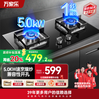 万家乐JZY-AY8燃气灶家用厨房台嵌两用液化气煤气双灶5.0KW大火力兼容性开孔安装不受限一级能效节能