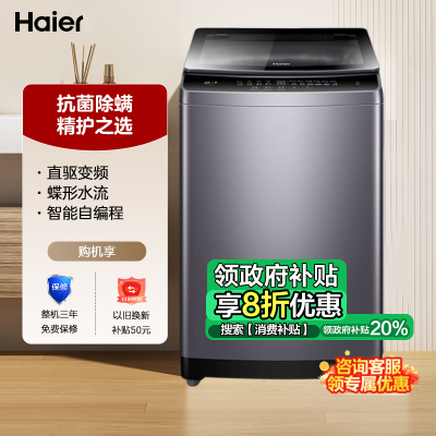 海尔(Haier) 10公斤 大容量 变频电机 家用全自动 波轮洗衣机 自编程 除螨 XQB100-BZ316