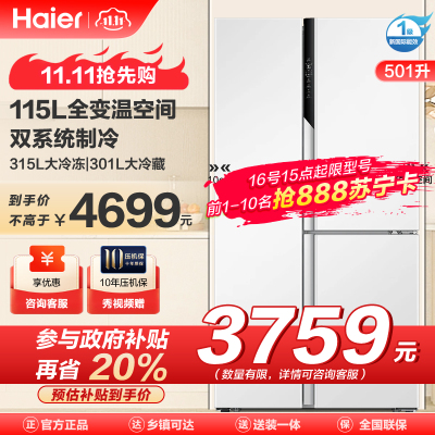 海尔(Haier)501升对开超薄嵌入式冰箱 全变温空间 双系统不串味 一级双变频 BCD-501WLHTS79W9U1