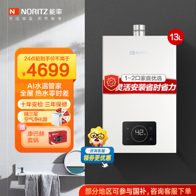 能率(NORITZ)13升零冷水燃气热水器 GQ-13E5FEXQ)天然气 分段燃烧 多维防干扰 降噪强排式