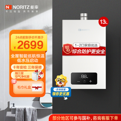 能率(NORITZ) 13升燃气热水器 全屋恒温巡航 多点用水恒温 智慧息屏 天然气强排式 13EA2FEX