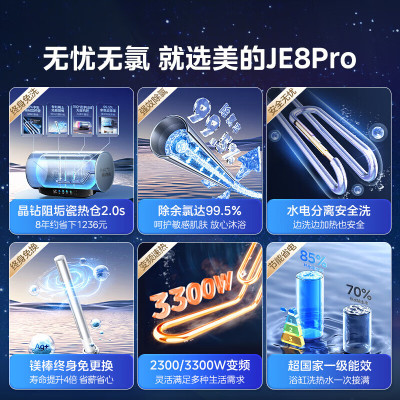 美的(Midea)电热水器60升3300W变频速热镁棒免换内胆免清洗一级能效美肤浴F6033-JE8Pro(HE)