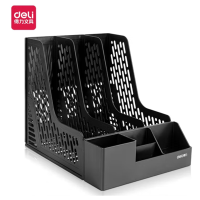 得力(deli)加厚文件框文件筐文件栏桌面收纳盒办公室文件架简易立式书立书架办公用品 黑色[三联/独立笔筒]78980