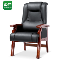 中芯木质会议椅班前椅办公椅黑色牛皮老板椅四脚椅子靠背职员椅