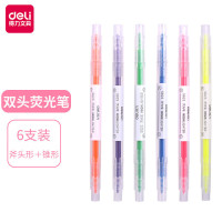 得力(deli)双头荧光笔套装S627 斧头型+锥形笔头 混色 6支/袋
