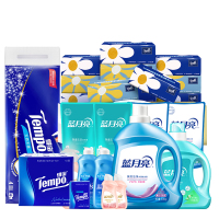 得宝维达蓝月亮家庭清洁套装(得宝卷纸20卷+抽纸18包+手帕纸36包+厨房湿巾144片+蓝月亮11件套)