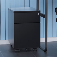 活动柜职员文件储物柜桌下矮柜铁皮收纳万向轮带锁小柜黑色二抽