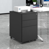 活动柜办职员文件储物柜桌下矮柜铁皮收纳万向轮带锁小柜三抽黑色