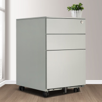 活动柜办职员文件储物柜桌下矮柜铁皮收纳万向轮带锁小柜三抽银色