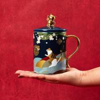 共禾京品(JINGREPUBLIC)招财猫中国风陶瓷马克杯带盖大容量高颜值水杯福猫鼠钱马克杯-蓝