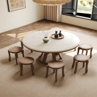 辕士 岩板桌面橡木餐桌椅8人现代大圆桌组合 1.5米餐桌+8圆凳