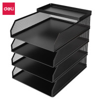 得力(deli) 可堆叠金属文件框栏文件篮文件托盘书立架多层办公桌面档案收纳盒文件筐置物架五层黑色PB261