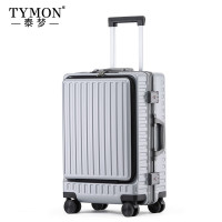 Tymon泰梦 行李箱前开盖多功能铝框拉杆箱登机箱密码箱铝框款 东方金甲 银色 24英寸