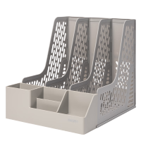 得力(deli)3联带笔筒桌面档案收纳盒文件框栏篮盘书立架 镂空 灰色78980