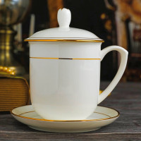 景顺景德镇陶瓷茶杯带盖办公室会议杯子金边茶杯白瓷杯