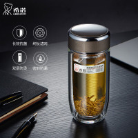 杯子 希诺抗菌玻璃杯双层透明水杯 泡茶杯子XN-1926中闪银灰 370mL