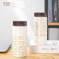 乾唐轩 活瓷 点石成金陶瓷杯随行水杯子 双层330ml 杯盖可刻字 牙白·手工描金(竖纹)点石成金直式纹/横式纹