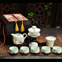 拓牌 10头雪花釉-盖碗/梅开五福(展示盒套装)配件1壶/1盖碗6杯1茶海1过滤1手托 单件装 起订量12套