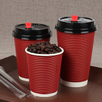 小窝厘 瓦楞纸杯 带黑色盖三层一次性加厚咖啡杯 奶茶杯 8oz+黑开关盖 100套270ml