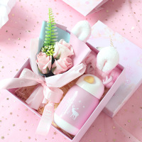 小窝厘 三八女神节礼物伴手礼礼盒套装- 粉色鹿角玻璃杯+粉发带+花束