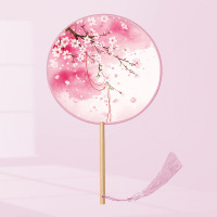 iChoice古风丝质团扇半透明长柄扇子中国风舞蹈扇古装小圆扇-绯桃令(半透丝质)(起订量:20把)