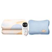 彩虹双控双温9档调温定时除螨化纤印花双人电热毯2*1.8米 T2018+插手电热暖手宝T322-L 蓝色