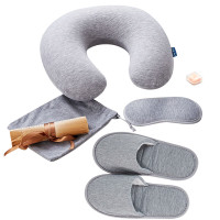 睡洞 艺色 旅行奢享五件套(布套充气枕+折叠拖鞋+加大眼罩+耳塞+收纳袋)麻灰色 ES-L418-5