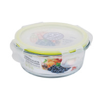 茶花晶格玻璃饭盒可微波炉加热专用保鲜保温便当学生带盖餐盒密封 [600ml圆款]绿色 001002