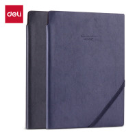 得力(deli)深蓝色 25K文具笔记本商务记事本插笔PU皮面日记本带绳可定制皮面本 带笔插斜绑带96张/本 22215
