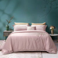 富安娜家纺 加厚双面磨毛刺绣 [60S长绒棉绣花]纯棉高档四件套-洛舞樱飞1.8米/2.0米床