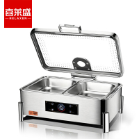 喜莱盛 304电加热自助餐炉长方形13L智能触控可视钢盖布菲炉[干湿两用款双格盘]
