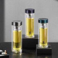 睦睦 双层家用带盖高硼硅玻璃杯男女商务水杯便携泡茶杯过滤杯子