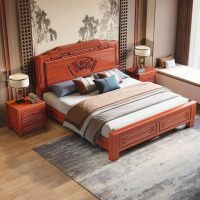 鼎南新中式金花梨木双人床家用1.8米实木床雕花大床婚床605#