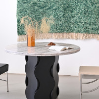 鼎南粼粼洞石餐桌椅组合现代简约灰洞石1.1m圆桌及知竹椅子灰色*2